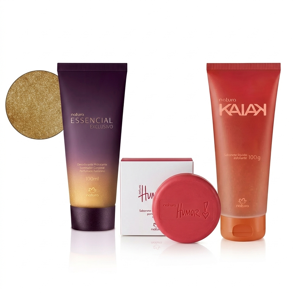 Kit Crema iluminadora + exfoliante corporal + jabon en barra humor