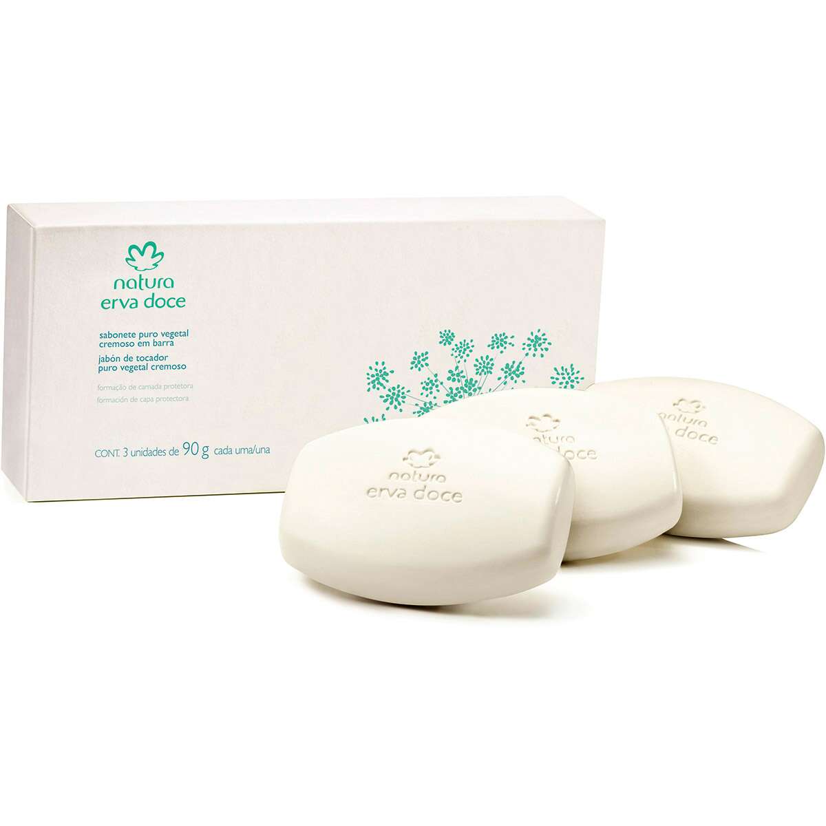 Erva Doce Jabones puro vegetal cremosos en barra  Caja con 3 jabones de 90 g c/u