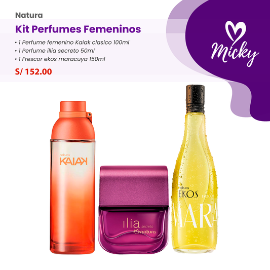 Kit Perfume kaiak femenino + ilia secreto + ekos maracuya Natura